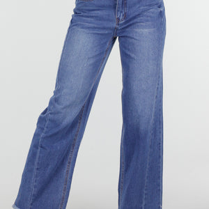 SALE30 Blauwe Wide Leg Jeans met Rafelige Zoom