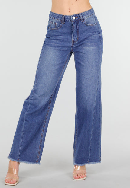SALE30 Blauwe Wide Leg Jeans met Rafelige Zoom