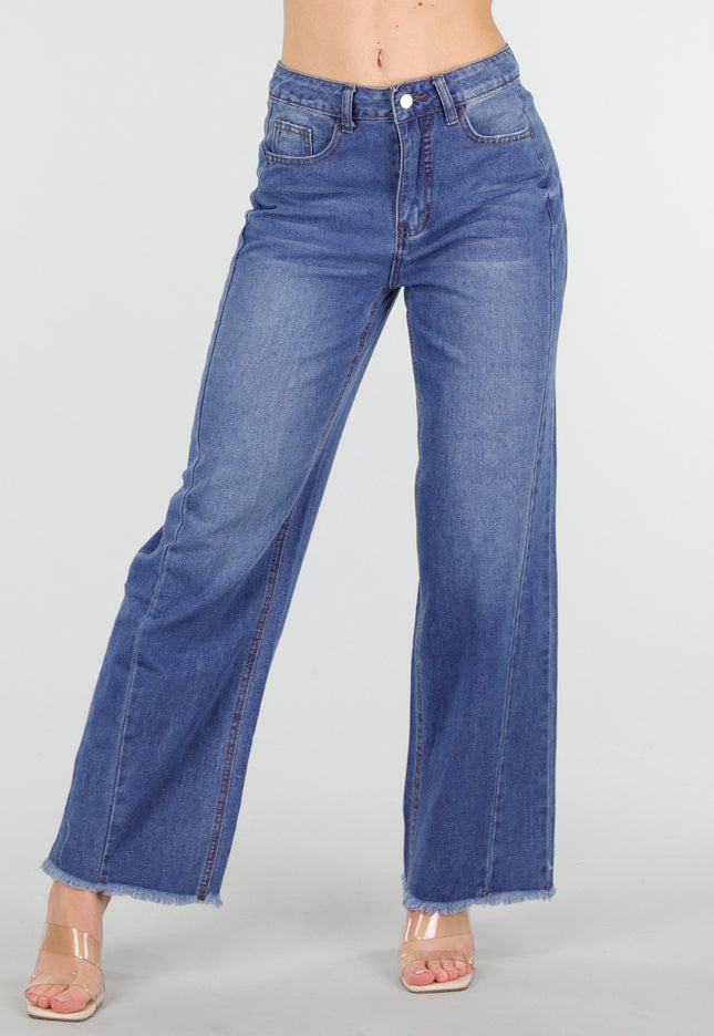 SALE30 Blauwe Wide Leg Jeans met Rafelige Zoom