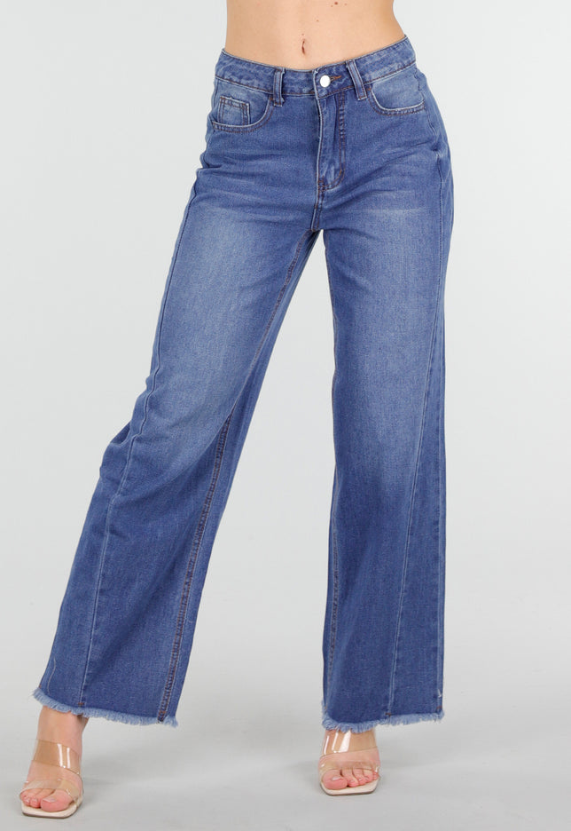 SALE30 Blauwe Wide Leg Jeans met Rafelige Zoom
