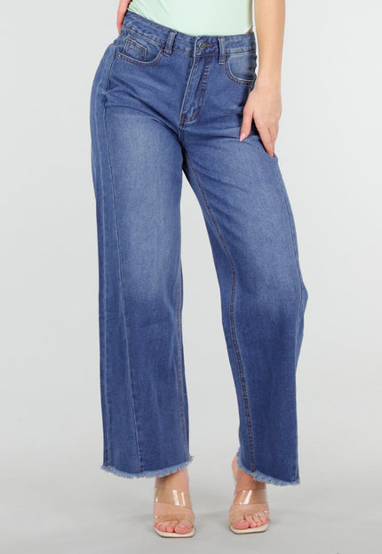 SALE30 Blauwe Wide Leg Jeans met Rafelige Zoom