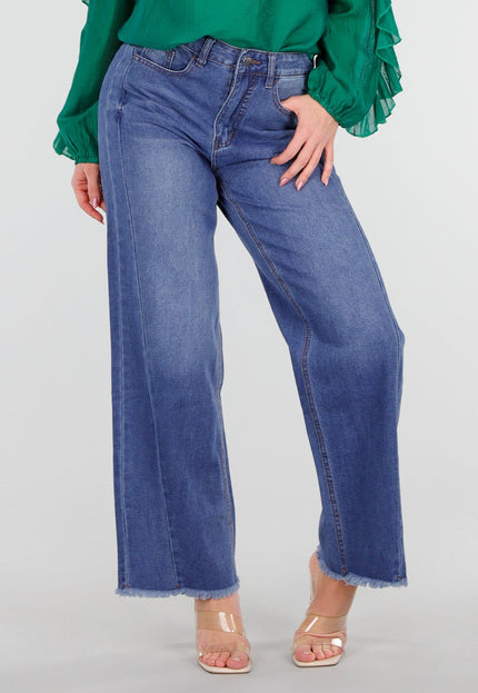 SALE30 Blauwe Wide Leg Jeans met Rafelige Zoom