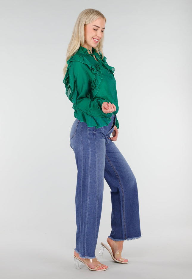 SALE30 Blauwe Wide Leg Jeans met Rafelige Zoom