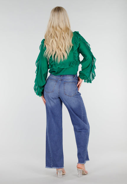 SALE30 Blauwe Wide Leg Jeans met Rafelige Zoom