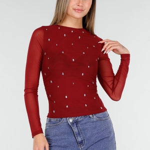 SALE30 Bordeauxrode Mesh Top met Studs