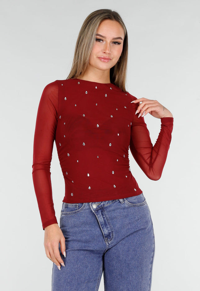 SALE30 Bordeauxrode Mesh Top met Studs