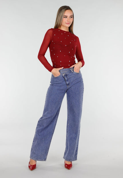 SALE30 Bordeauxrode Mesh Top met Studs