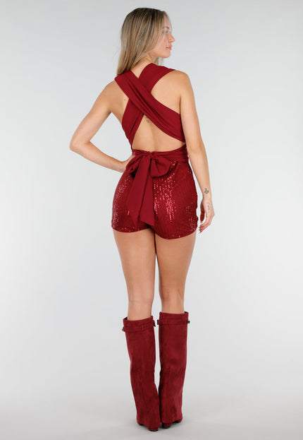 SALE30 Bordeauxrode Pailletten Playsuit