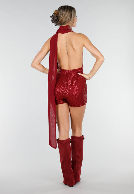 SALE30 Bordeauxrode Pailletten Playsuit