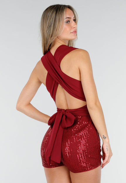 SALE30 Bordeauxrode Pailletten Playsuit