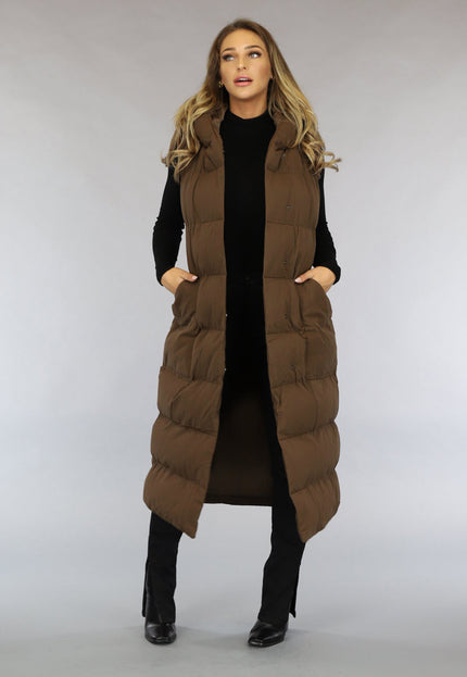 SALE30 Bruine Lange Bodywarmer met Tailleband