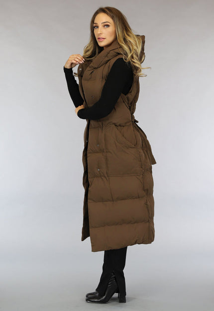 SALE30 Bruine Lange Bodywarmer met Tailleband