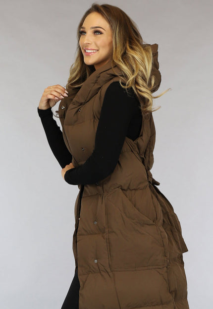 SALE30 Bruine Lange Bodywarmer met Tailleband