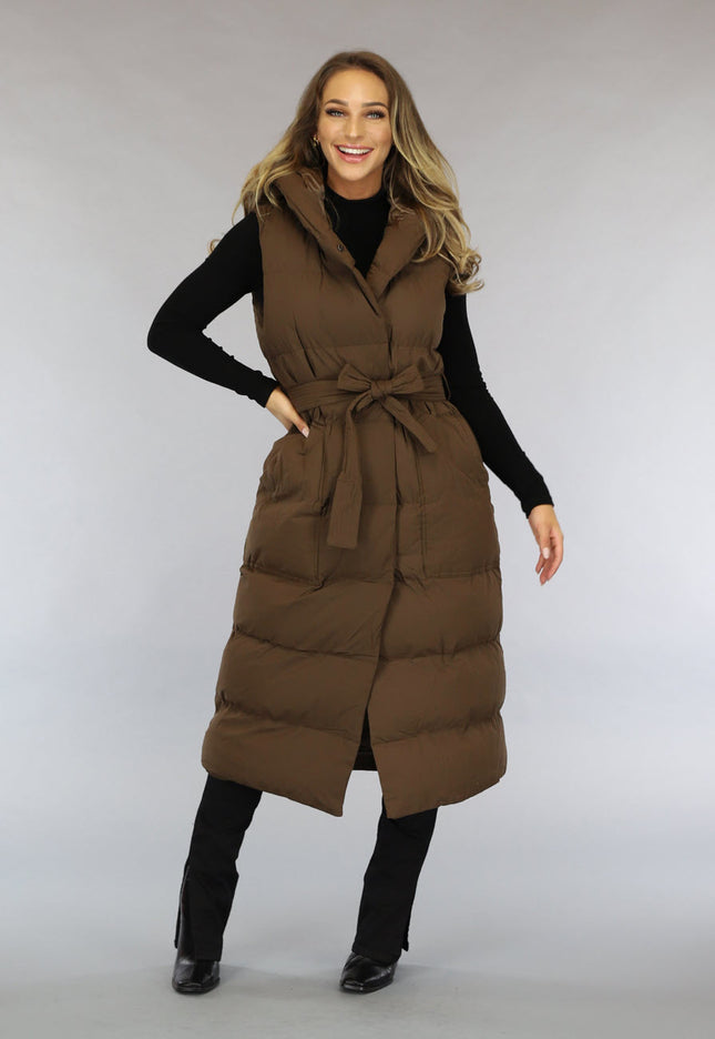 SALE30 Bruine Lange Bodywarmer met Tailleband