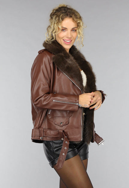 SALE30 Bruine Lederlook Jas met Faux Fur Kraag