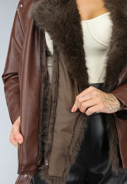 SALE30 Bruine Lederlook Jas met Faux Fur Kraag
