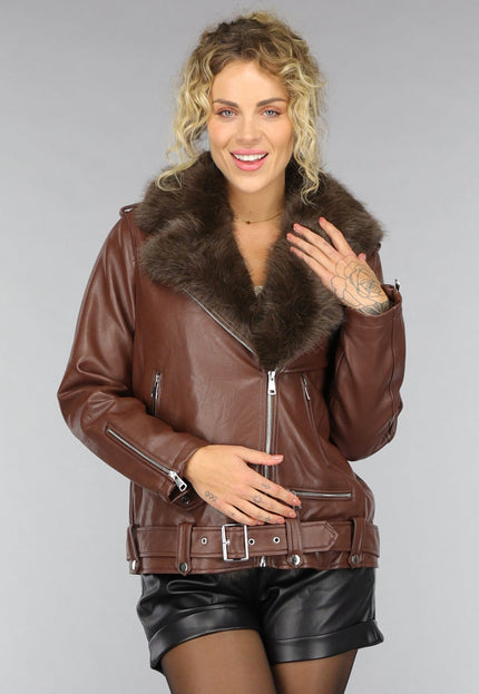 SALE30 Bruine Lederlook Jas met Faux Fur Kraag