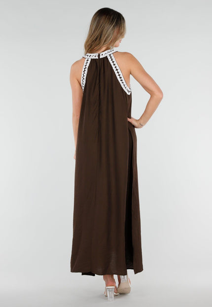 SALE30 Bruine Maxi Halter Jurk met Witte Rand
