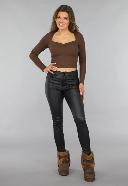 SALE30 Bruine Ribstof Top met Scrunch Hals