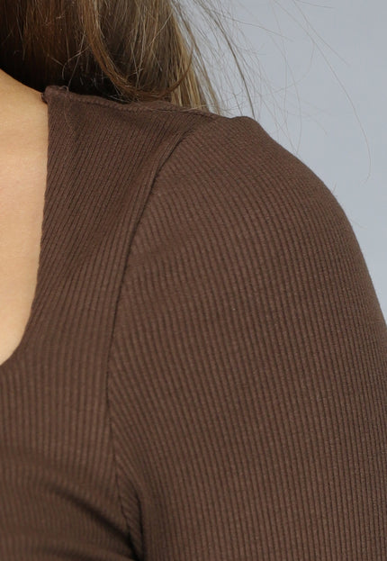 SALE30 Bruine Ribstof Top met Scrunch Hals