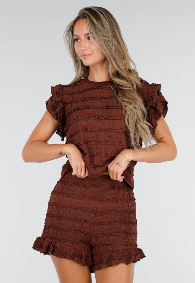 SALE30 Bruine Stretch Two Piece met Ruches