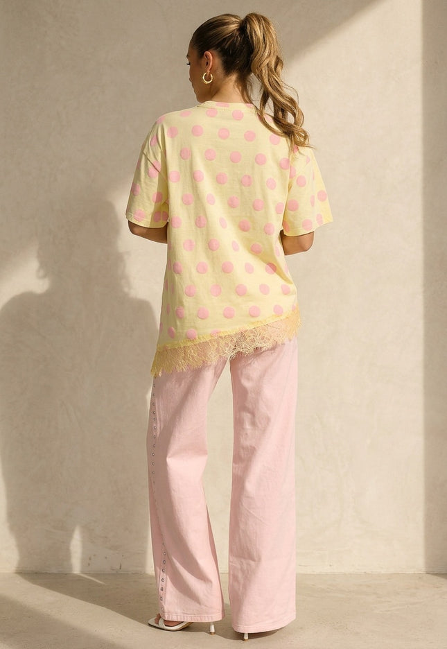 SALE30 Butter Yellow T-Shirt met Roze Stippen