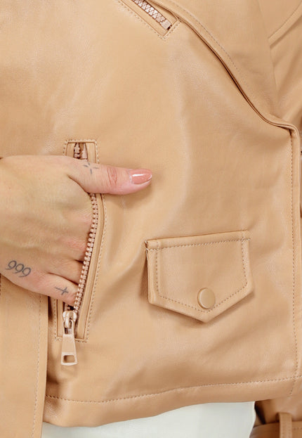SALE30 Camel Lederlook Jas met Gesp Details