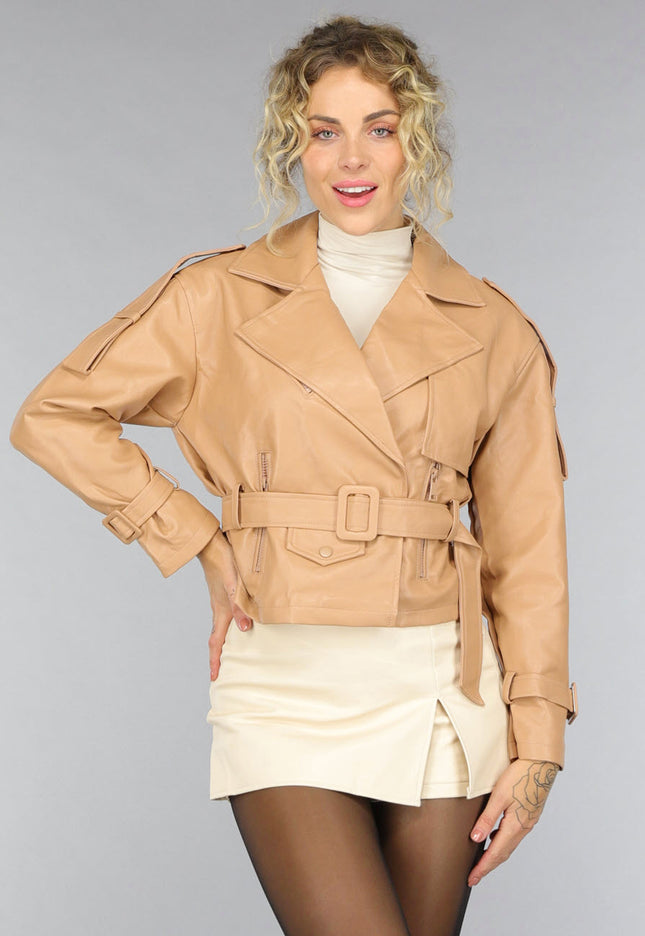 SALE30 Camel Lederlook Jas met Gesp Details