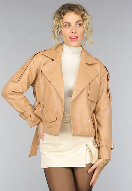 SALE30 Camel Lederlook Jas met Gesp Details