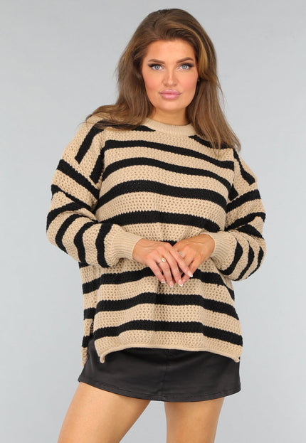 SALE30 Camel Trui met Zwarte Strepen