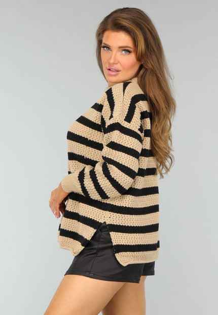 SALE30 Camel Trui met Zwarte Strepen
