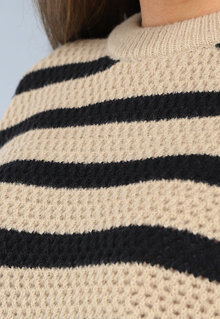 SALE30 Camel Trui met Zwarte Strepen