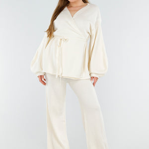 SALE30 Crème Gebreide Set Wijde Broek