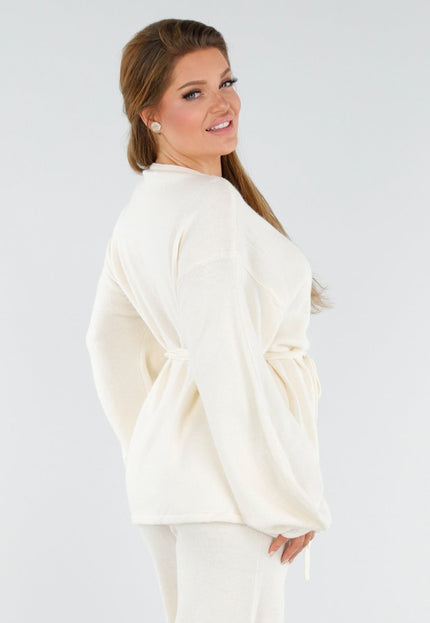 SALE30 Crème Gebreide Set Wijde Broek