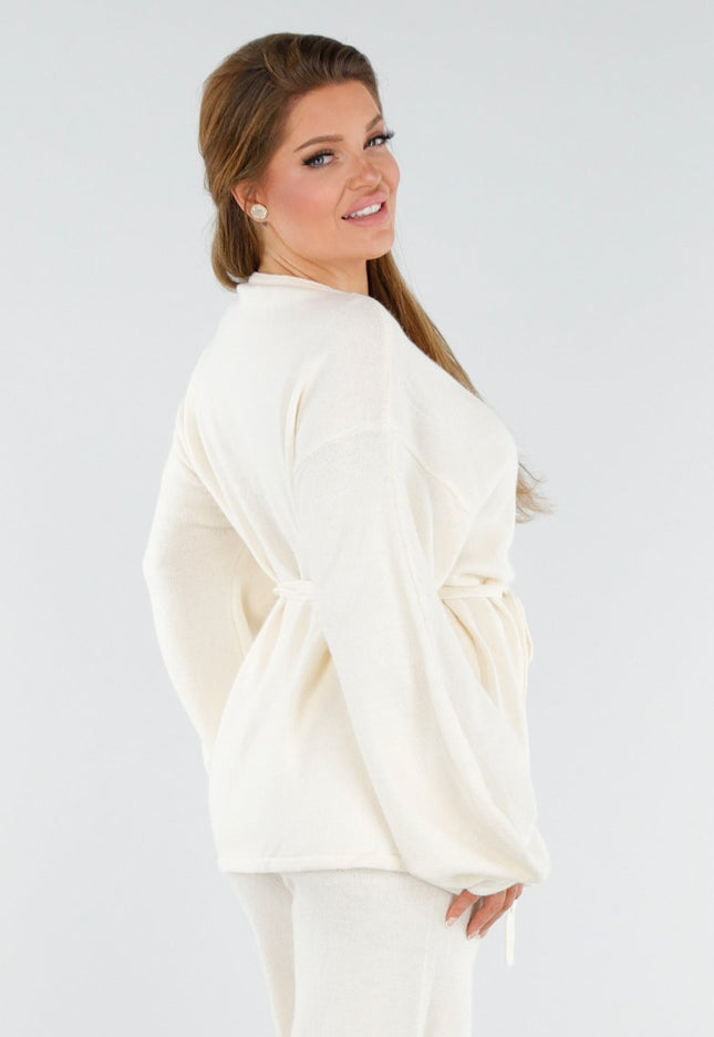 SALE30 Crème Gebreide Set Wijde Broek