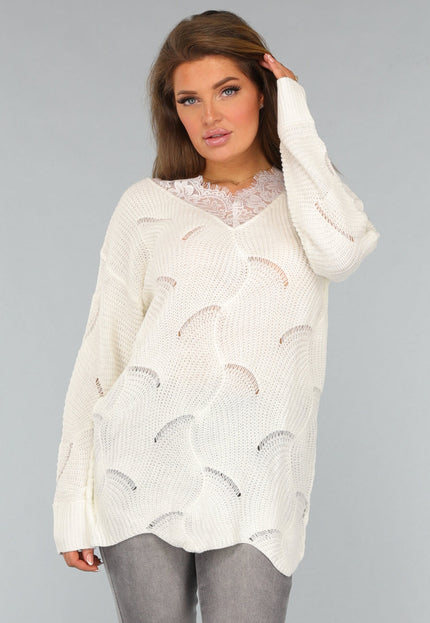 SALE30 Crème Gebreide Trui met Kanten Detail