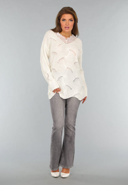 SALE30 Crème Gebreide Trui met Kanten Detail