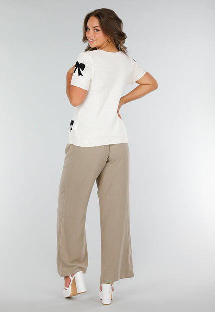 SALE30 Crème Stretch Top met Striksluiting en Korte Mouwen