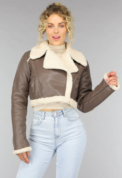 SALE30 Cropped Taupe Lederlook Teddy Jasje
