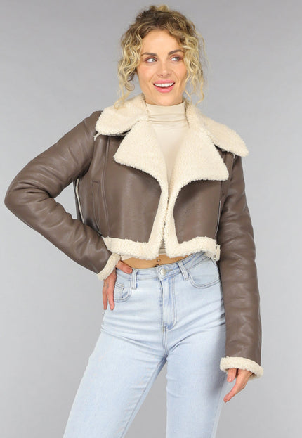 SALE30 Cropped Taupe Lederlook Teddy Jasje