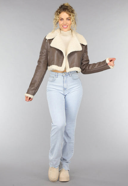 SALE30 Cropped Taupe Lederlook Teddy Jasje
