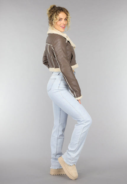 SALE30 Cropped Taupe Lederlook Teddy Jasje