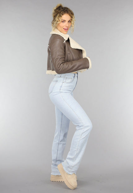 SALE30 Cropped Taupe Lederlook Teddy Jasje