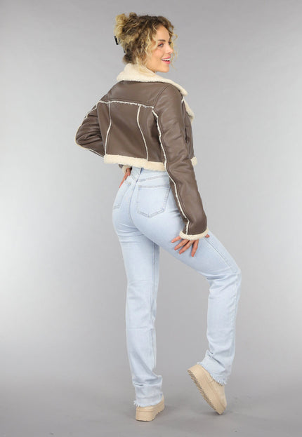 SALE30 Cropped Taupe Lederlook Teddy Jasje