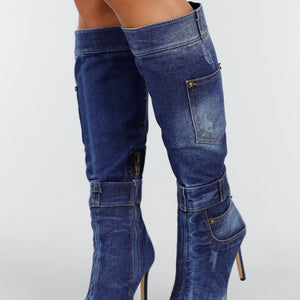 SALE30 Denim Look Knielaarzen met Stiletto Hak