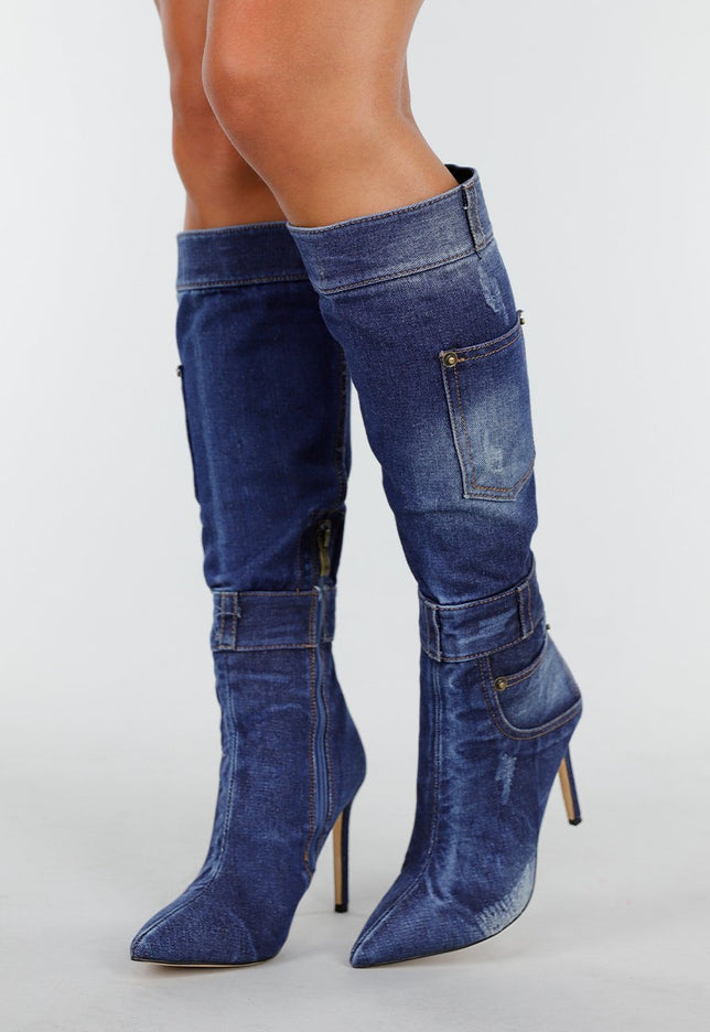 SALE30 Denim Look Knielaarzen met Stiletto Hak