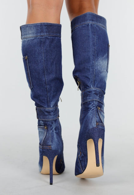 SALE30 Denim Look Knielaarzen met Stiletto Hak