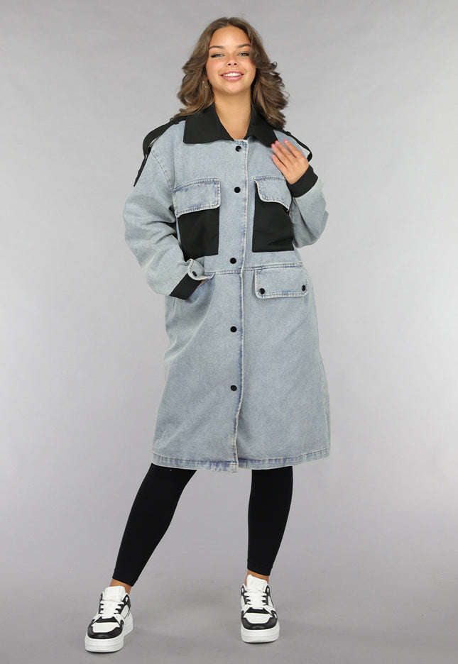 SALE30 Denim Mantel Jas met Zwarte Details