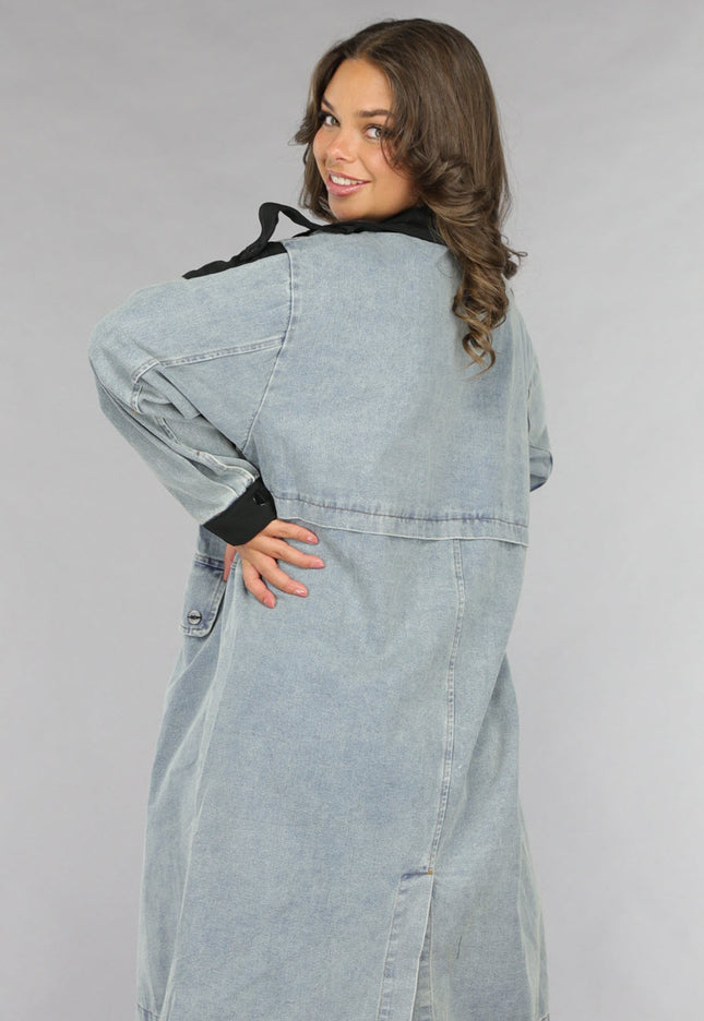 SALE30 Denim Mantel Jas met Zwarte Details