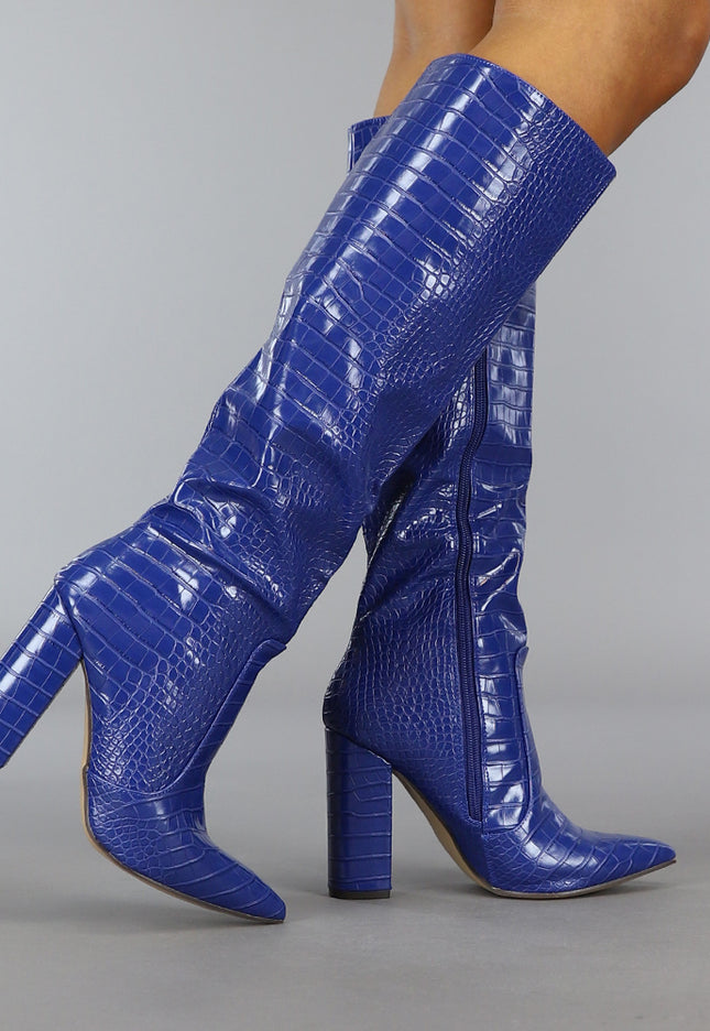 SALE30 Donkerblauwe Croco Laars met Spitse Neus